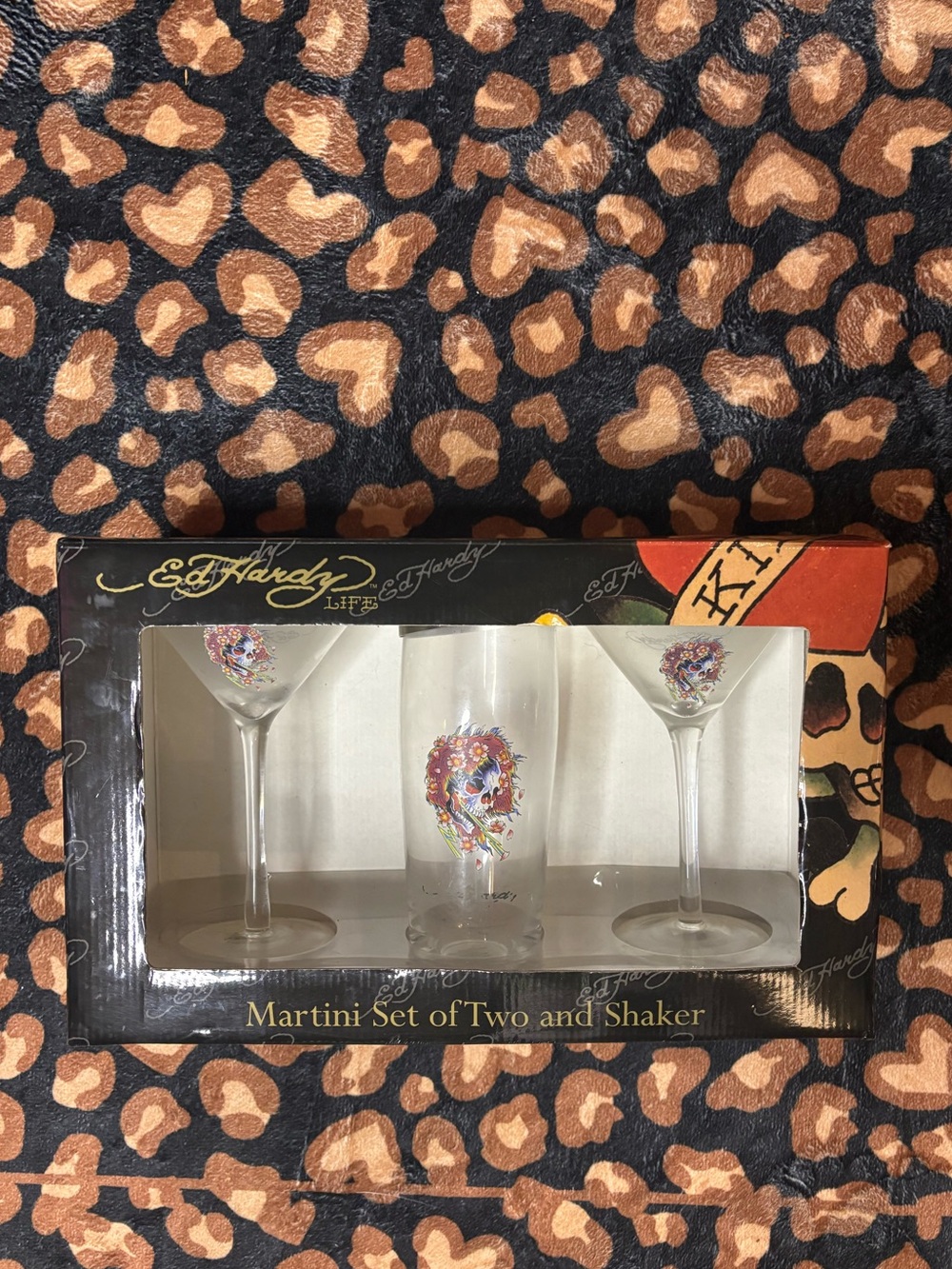 Y2K Ed Hardy Black and Brown Leopard Print Martini Glasses with Shaker